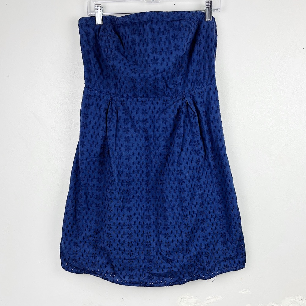 Old Navy Womens Size 14 Strapless Dress Navy Blue Eyelet Fit Flare Pleated